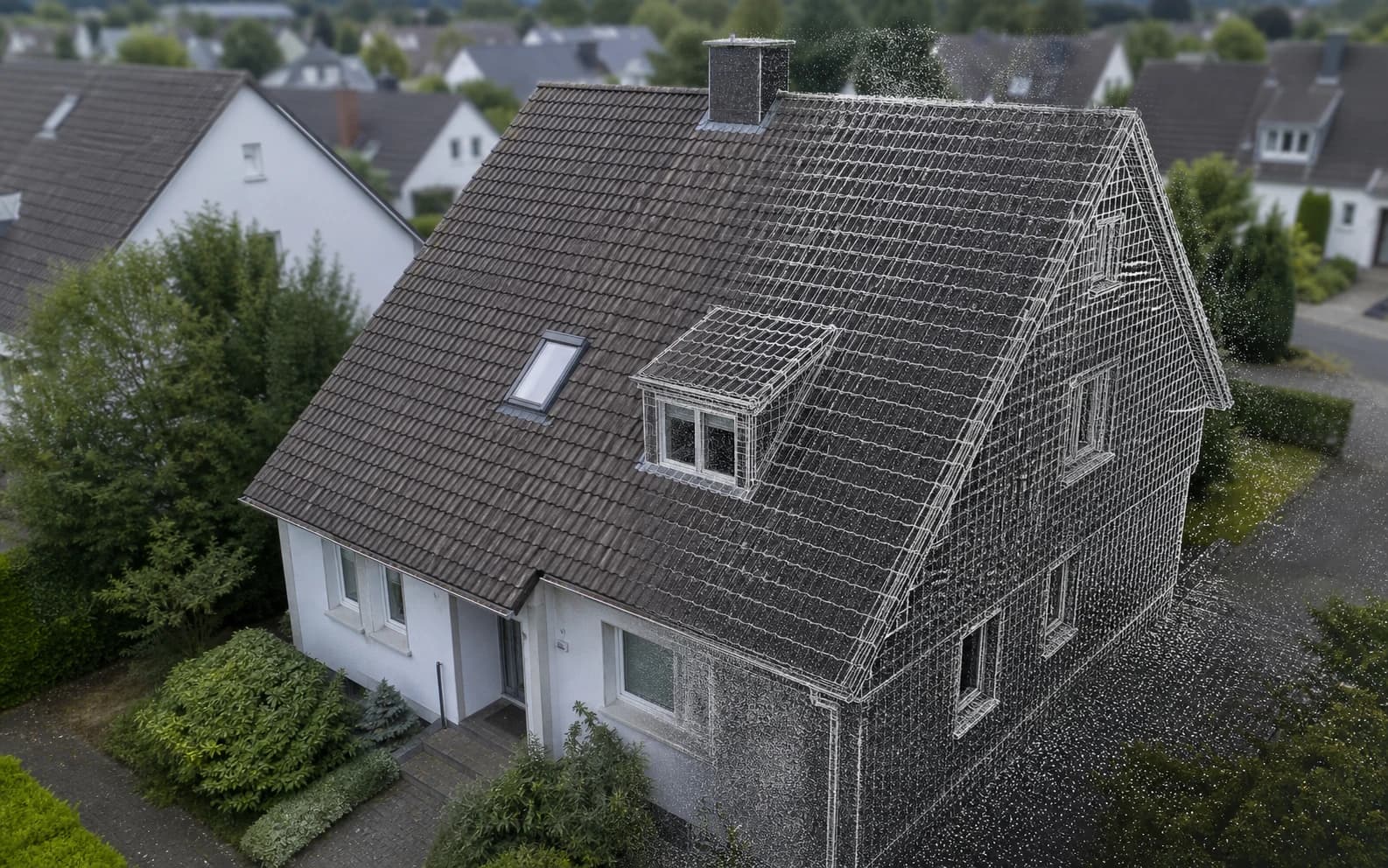 Deutsches Wohnhaus mit eingeblendeter Punktwolke und 3D-Dachgeometrie (Visualisierung)