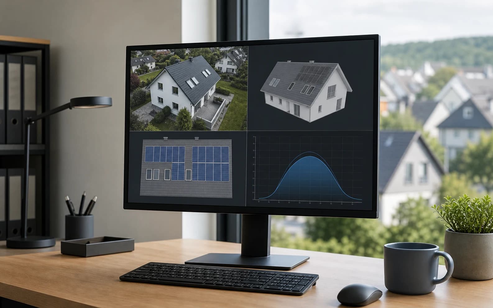 Digitaler Projektarbeitsplatz mit Wohnhaus-Dachplan, Kennzahlen und Angebotsübersicht (Visualisierung)