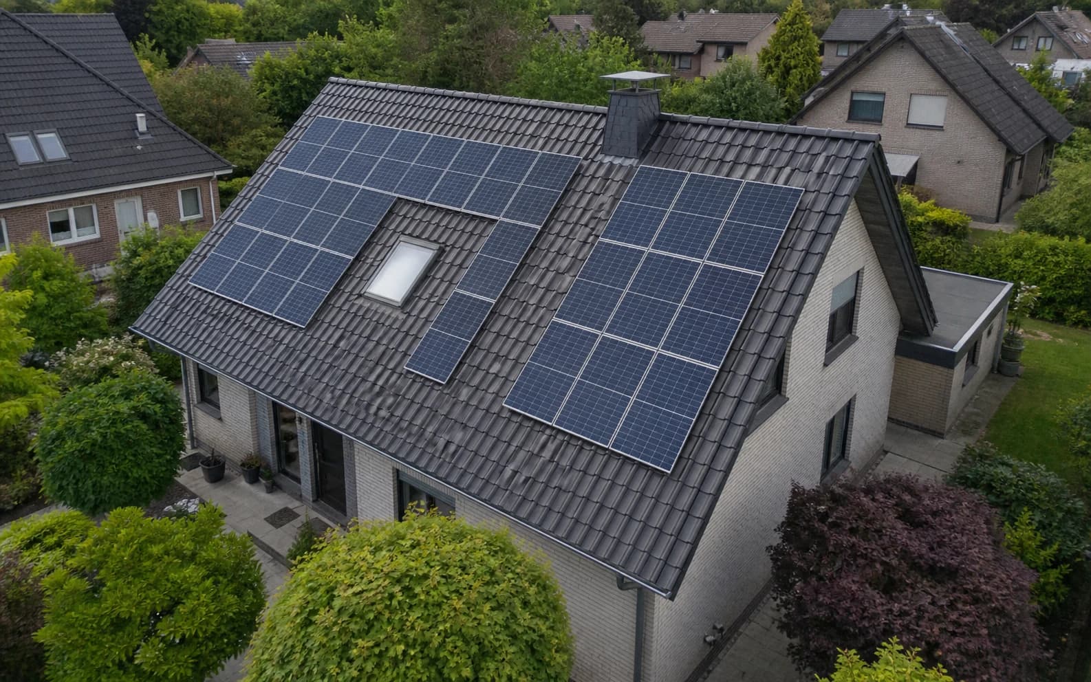 Erfasstes deutsches Wohnhaus mit digitalem PV-Belegungsentwurf (Visualisierung)