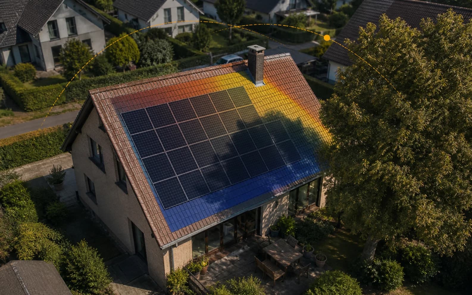 PV-Planung eines Wohnhauses mit visualisiertem Sonnenlauf und Verschattungsbereichen (Visualisierung)